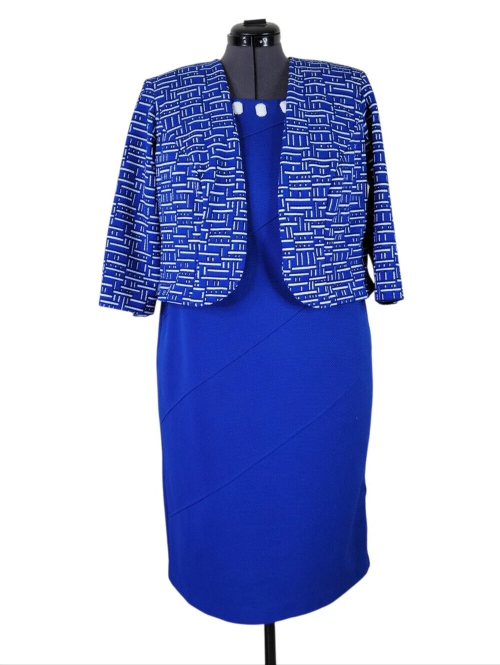 Maya Brooke Midi Dress Suit Size 16W Blue Embellished Neckline Cropped Jacket